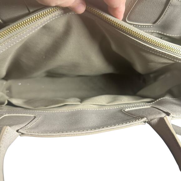 Furla Saffiano Leather Satchel Crossbody Bag Taupe grey Structured Tote Purse - Picture 13 of 14